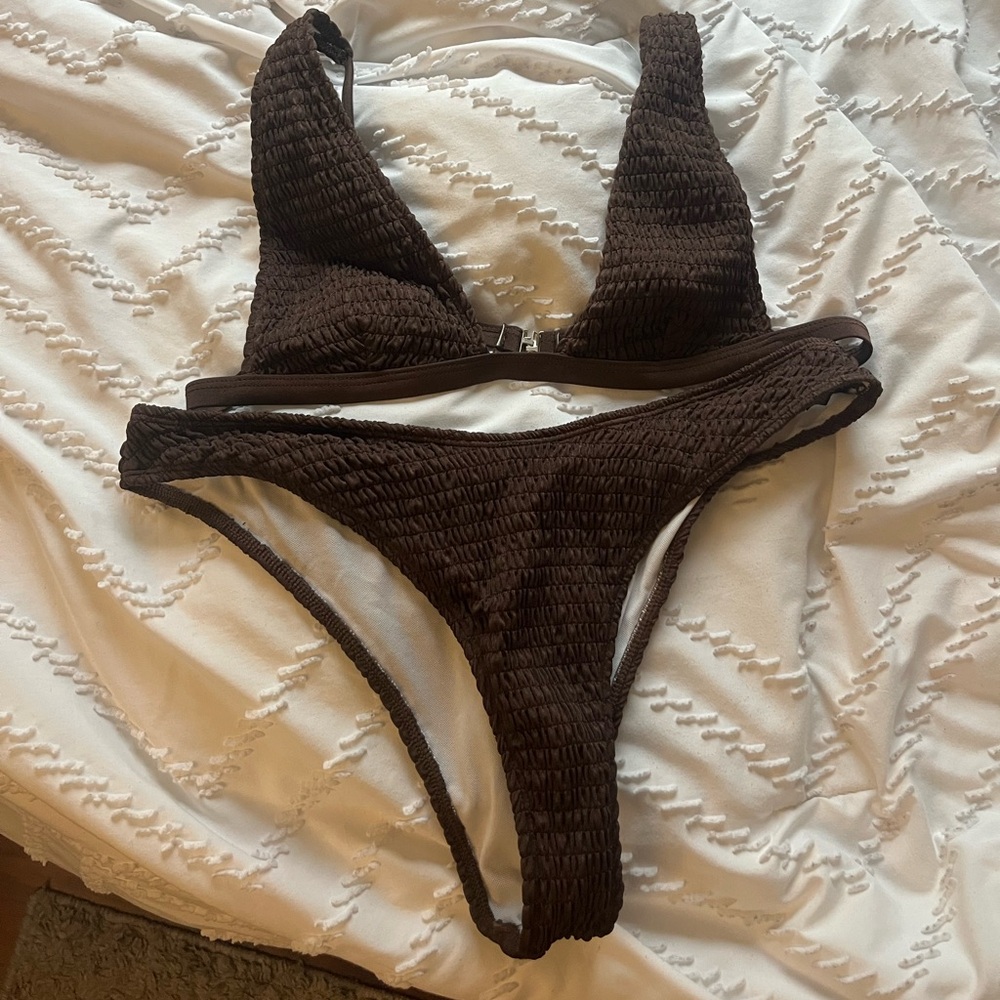 SHEIN Ribbed Brown Bikini Set